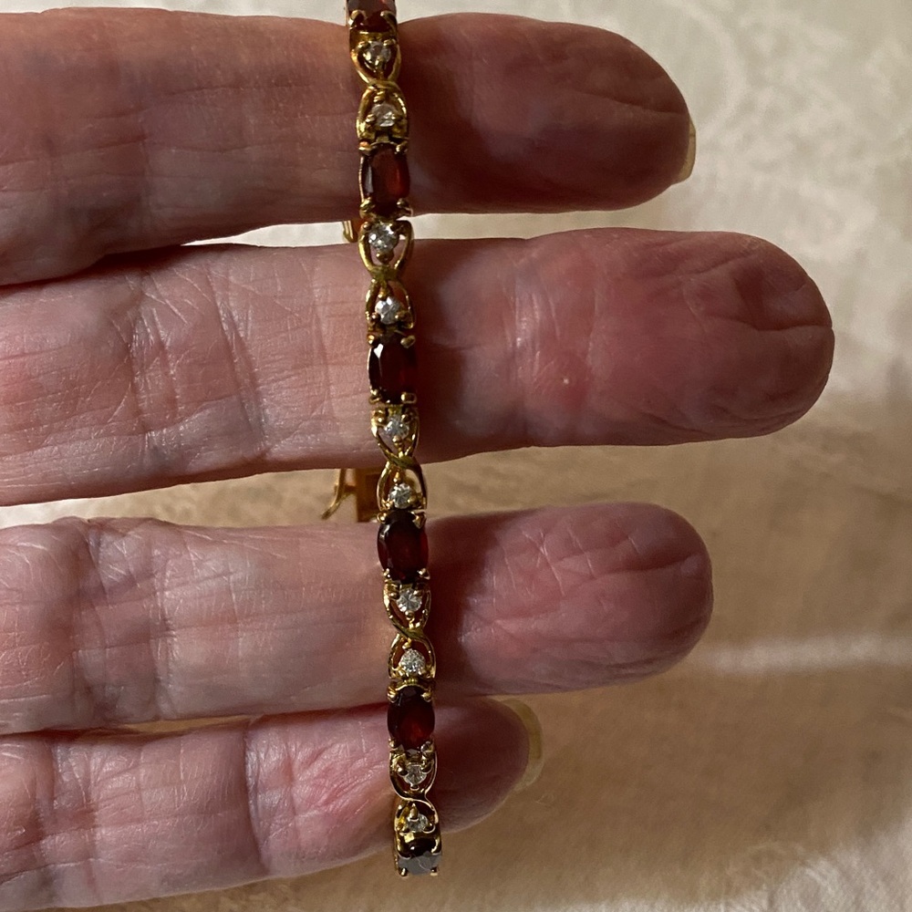 Elegant Garnet & CZ Gemstone Bracelet, Goldtone